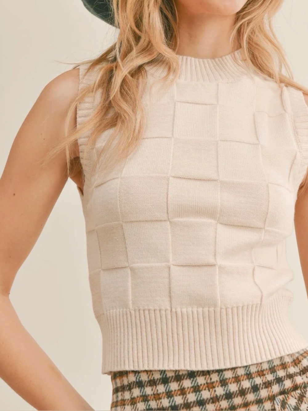 NWT - SAGE the label - Knit Sleeveless Checkered Crewneck Vest in Light Cream